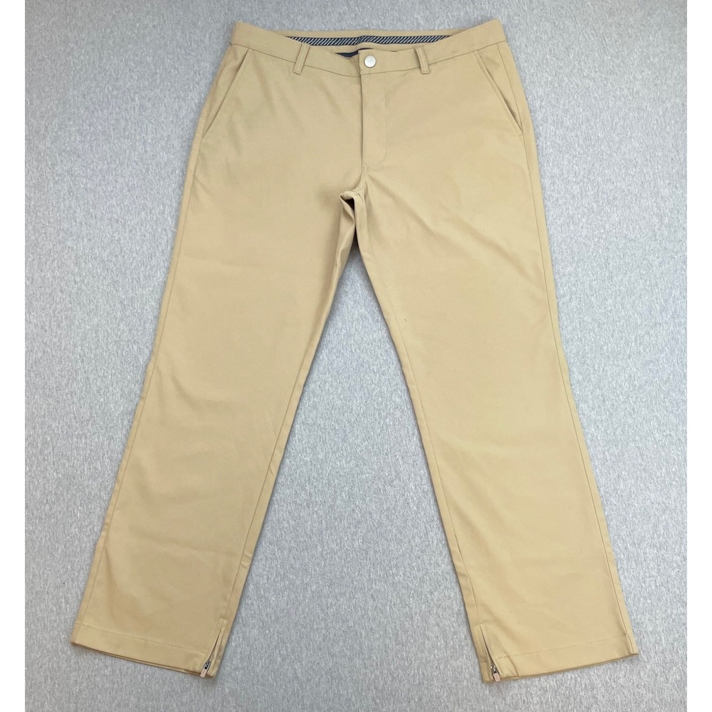 Bonobos Pants Mens 34 x 30 Beige Performance Flat Front Straight Golf Hem Zipper